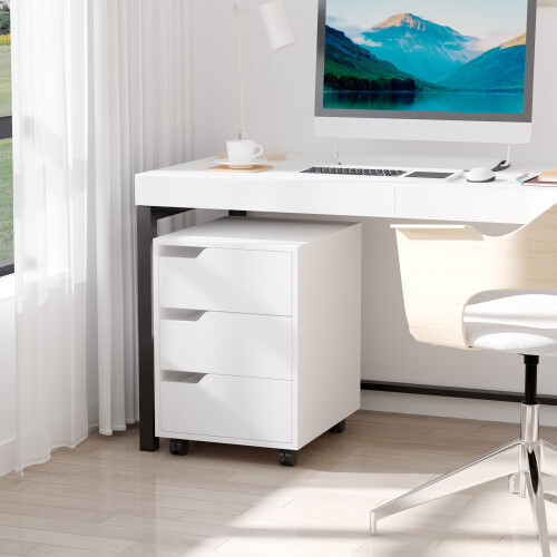 Homcom MDF Mobile File Cabinet w/ 3 Drawers Locking Wheels Metal Rails White