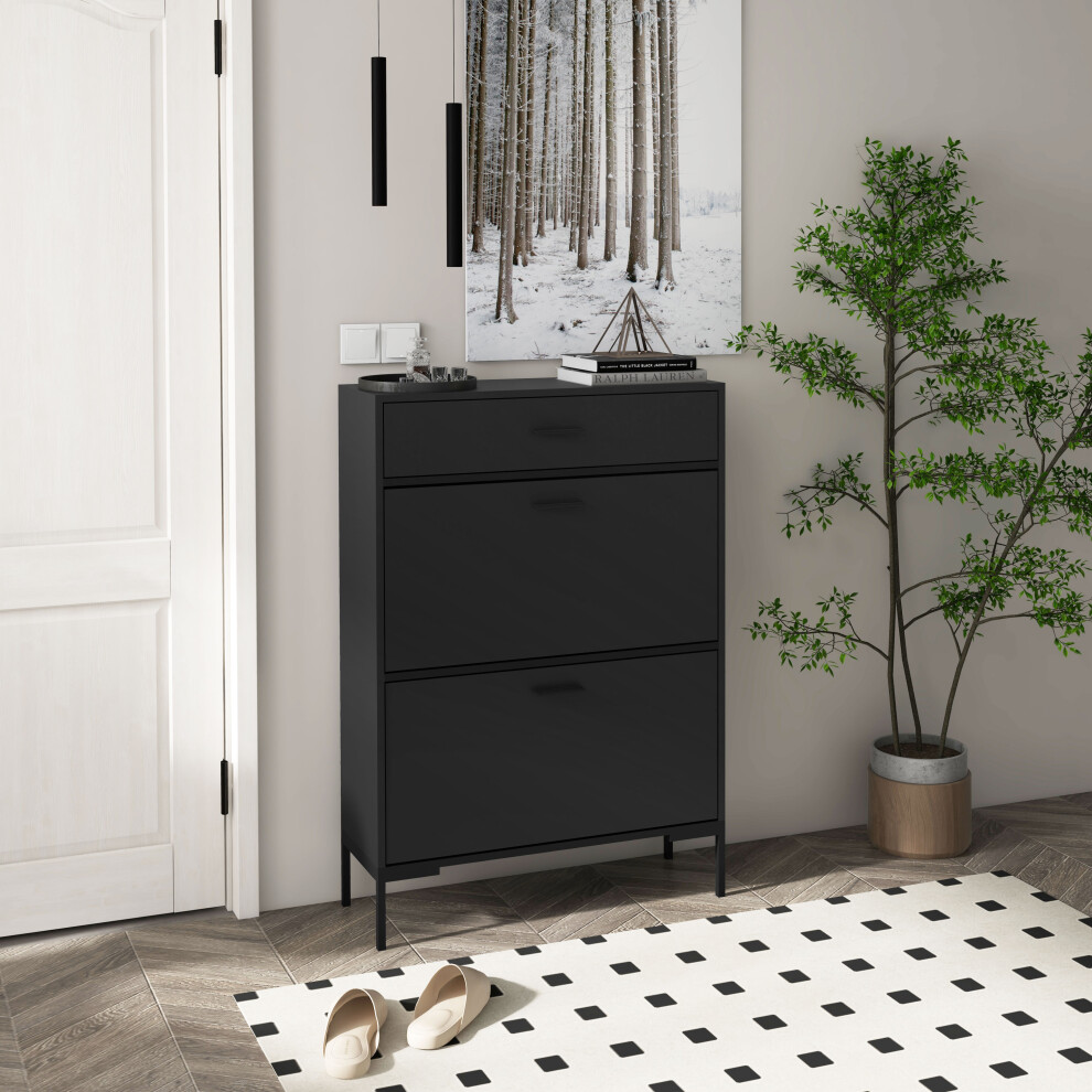 HOMCOM Shoe Storage Cupboard with 2 Flip Doors and Sliding out Drawer, Black