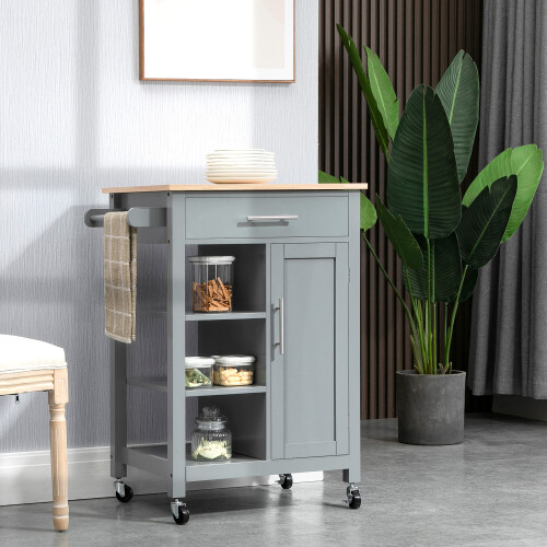 Homcom HOMCOM Compact Kitchen Trolley Utility Cart on Wheels with Open Shelf Grey