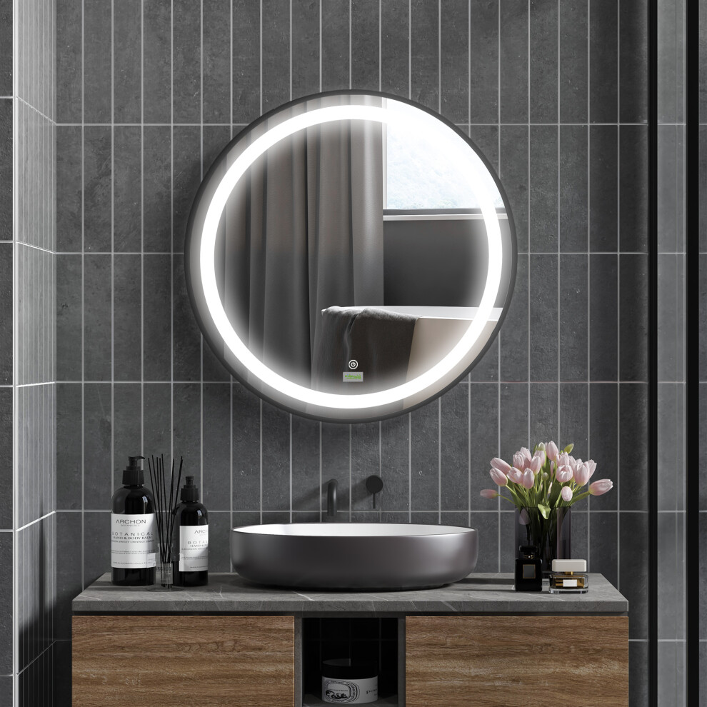 kleankin Wall Mounted Round LED Bathroom Mirror with 3 Light Colours, Black