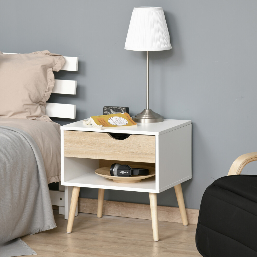 Homcom Bedside Table With Drawer & Shelf, Nightstand End Table – Oak/White, 51H X 50W X 39D Cm (831-372)