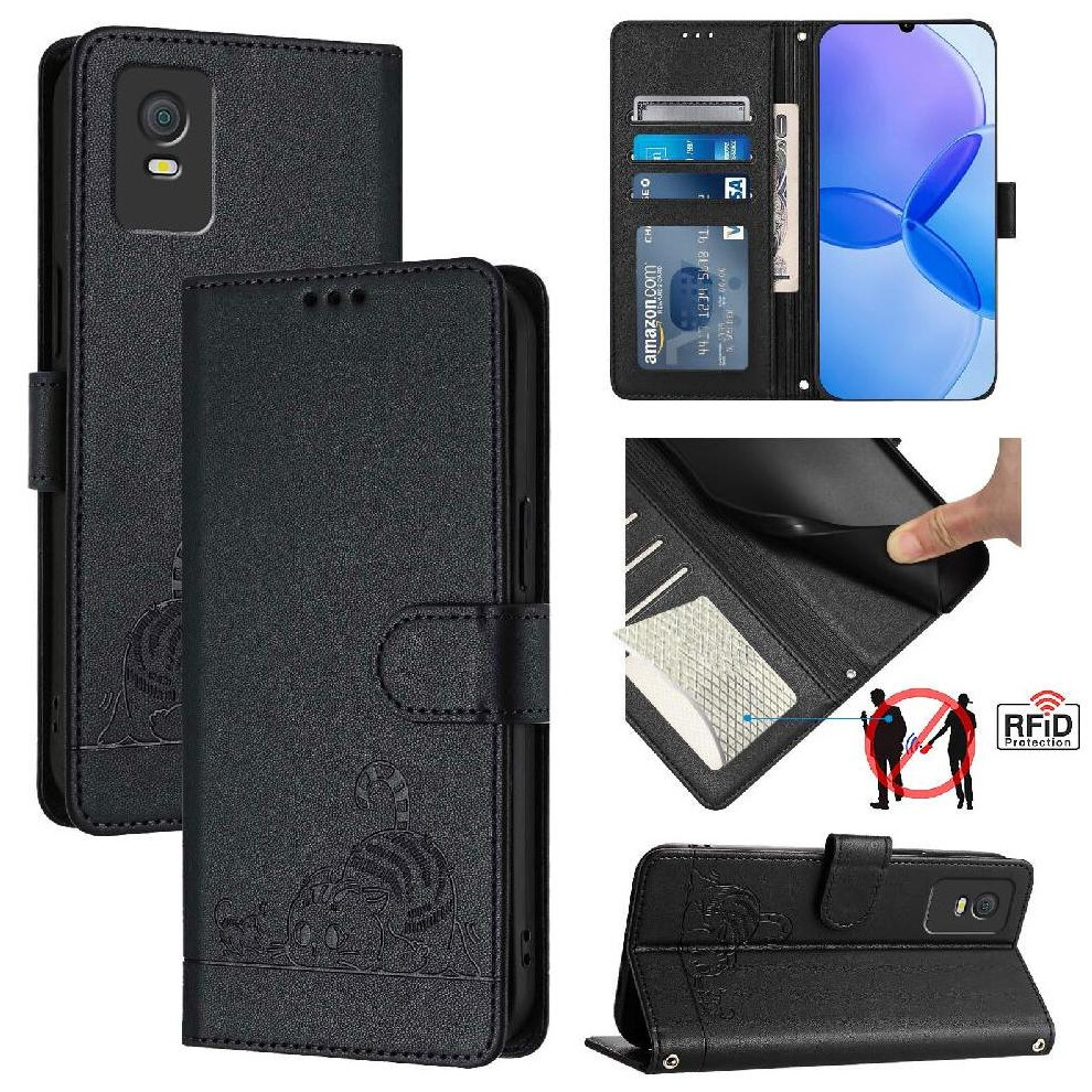 (Black) Case For Tcl 403 Card Slot Holder Kickstand Cat Rfid Wallet Flip Cover Black 764490351782