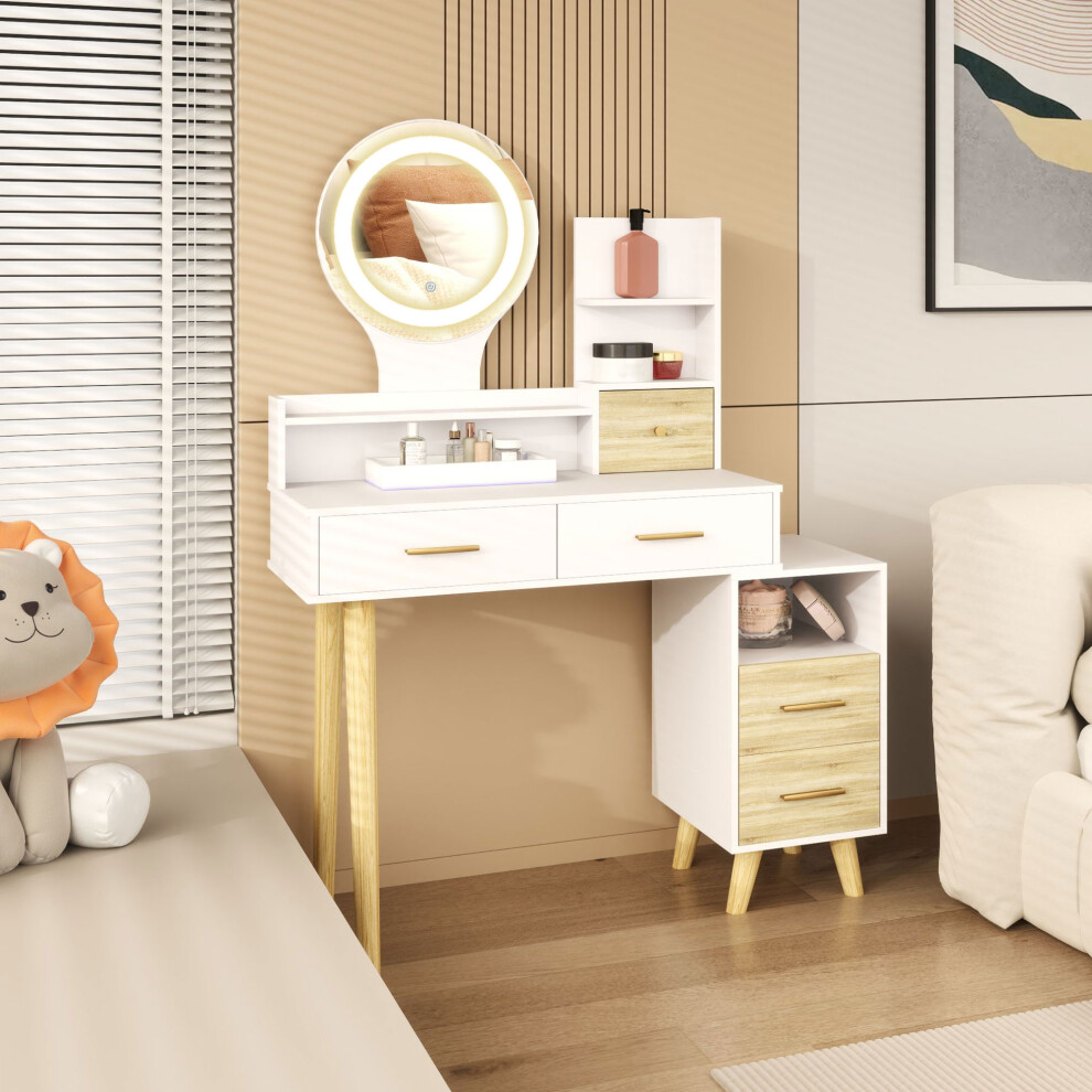 HOMCOM Dressing Table with Mirror, Vanity Table with LED Lights, White