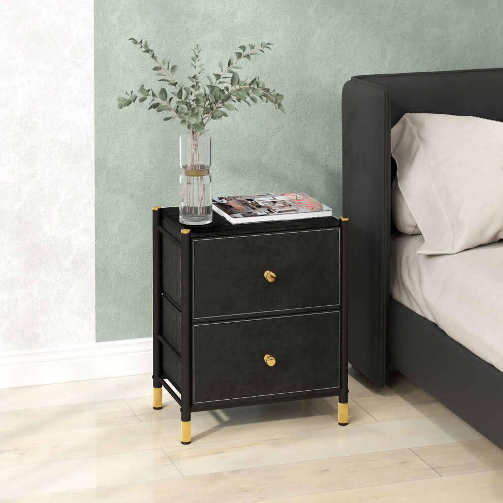 HOMCOM PU Leather Bedside Table with 2 Drawers and Steel Legs, Black-image-OPC-PFHXKY5-NEW