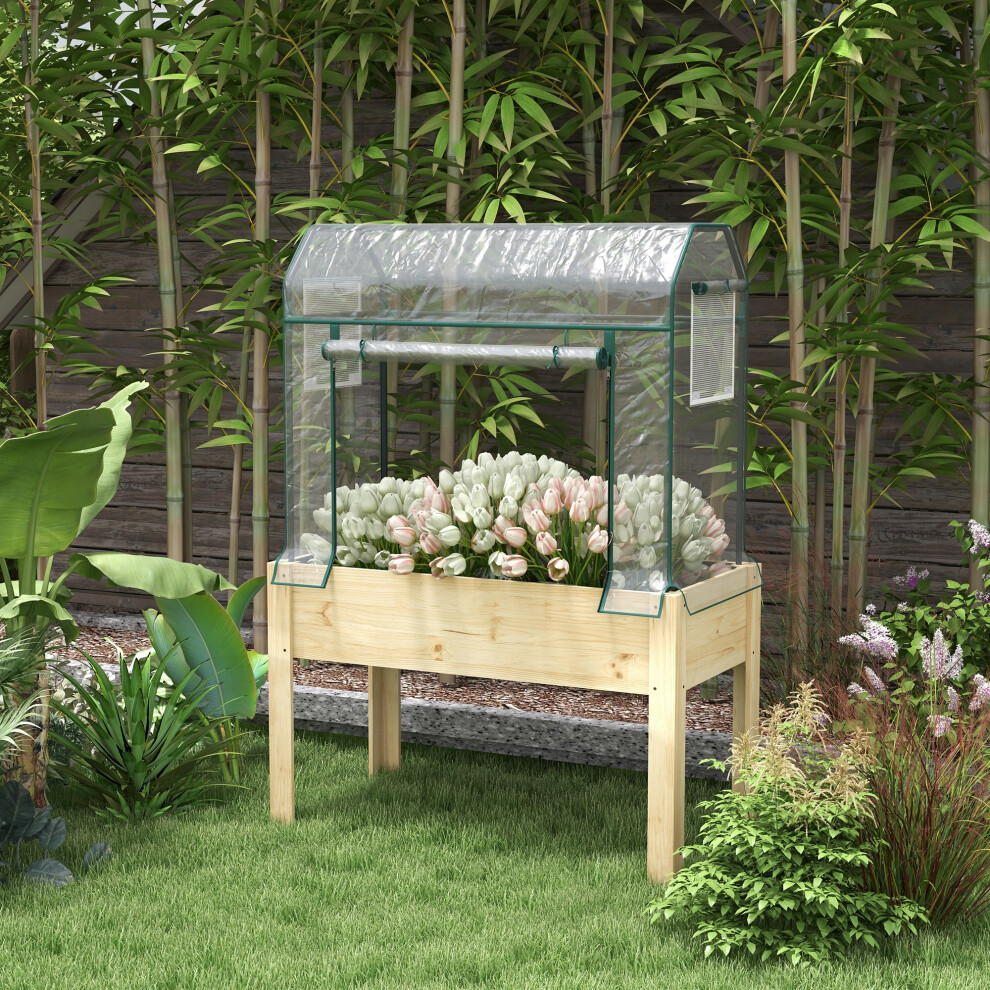 Outsunny Wooden Raised Planter, Garden Bed With Greenhouse Cover And Bed Liner