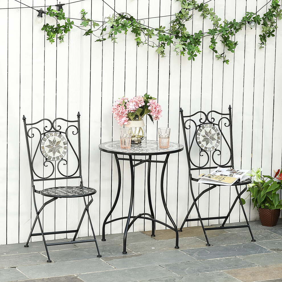 Outsunny 3 Pcs Mosaic Tile Garden Bistro Set Outdoor w/ Table 2 Folding Chairs