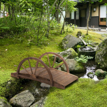 Outsunny Wooden Garden Bridge Arc Walkway,Half Wheeled Railings Stained Wood