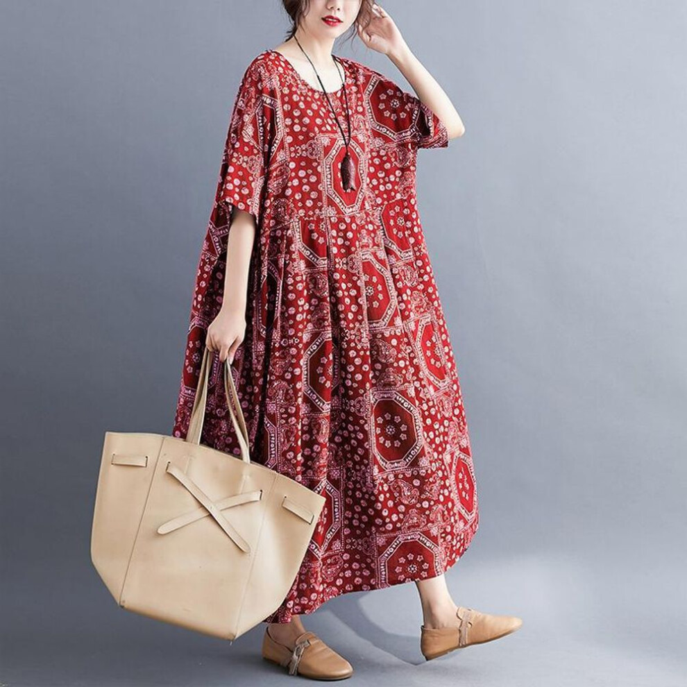 (red, One Size) Dimanaf Summer Beach Plus Size Sundress Lady Long Dress Elegant Floral Printing Women Oversize Clothing