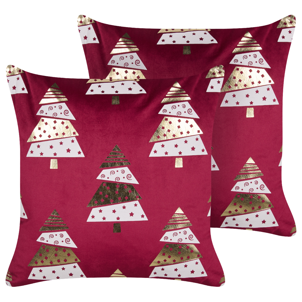 Set of 2 Decorative Cushions GOLDSPRUCE Velvet 45 x 45 cm Red Christmas Pattern