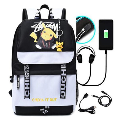 Pokemon σακίδιο σακίδιο αδιάβροχο σχολείο τσάντα USB ακουστικά Jack λευκό μαύρο