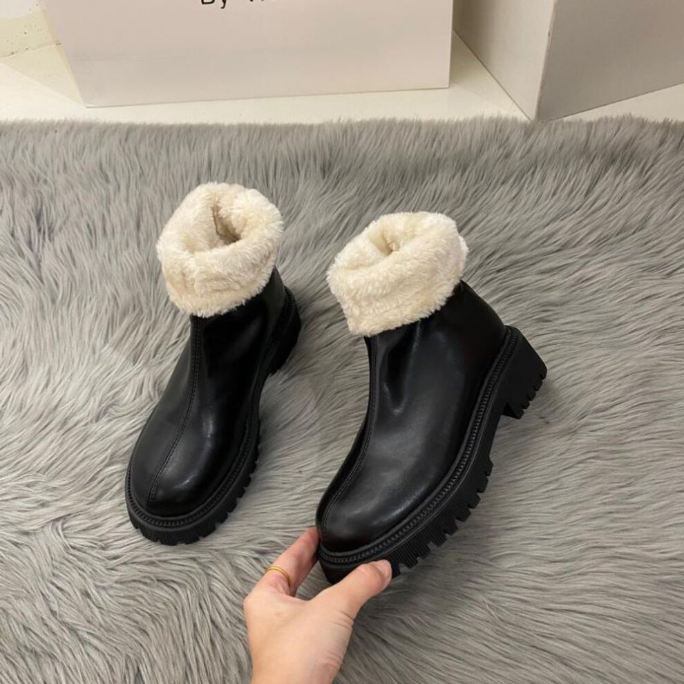 (black, 37) Women&apos;s Winter Warm Snow Boots Chunky Heel Platform Faux Fur Lining Ankle Booties For Women Non-slip Fleece Lined Chelsea Short Boots With Zipper