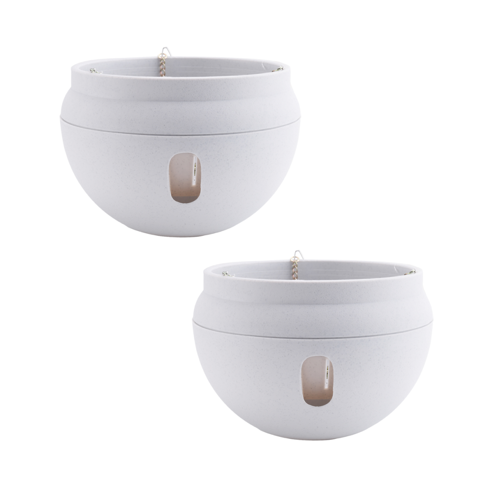 Lot de 2 jardinières suspendues en plastique avec panier auto-arrosant et crochets, base amovible pour pot de fleurs, blanc