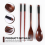 Wooden Flatware Set, Portable Set Chopsticks Spoon Fork Tableware Dinnerware with Black Twining Thread 6