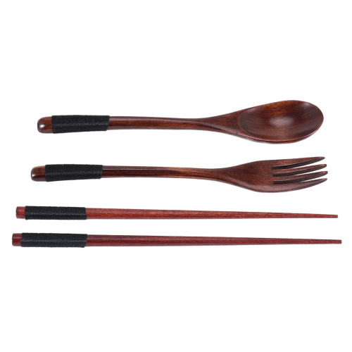 Wooden Flatware Set, Portable Set Chopsticks Spoon Fork Tableware Dinnerware with Black Twining Thread 2