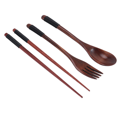 Wooden Flatware Set, Portable Set Chopsticks Spoon Fork Tableware Dinnerware with Black Twining Thread