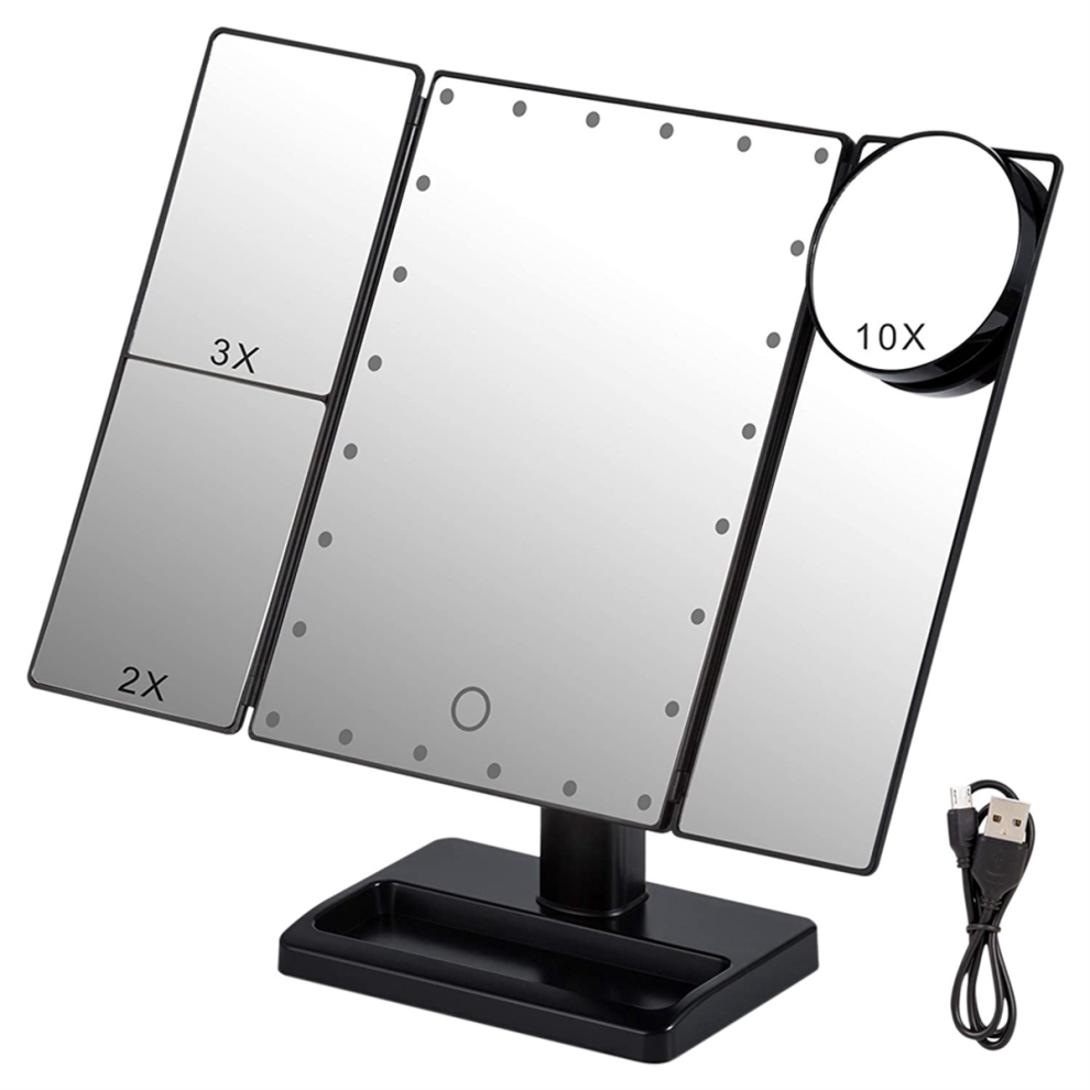 Typecat Black Trifold Makeup Mirror With 22 Led Lights,10X/3X/2X Magnification Portable Fold Lighted Table Desk Cosmetic Mirror,
