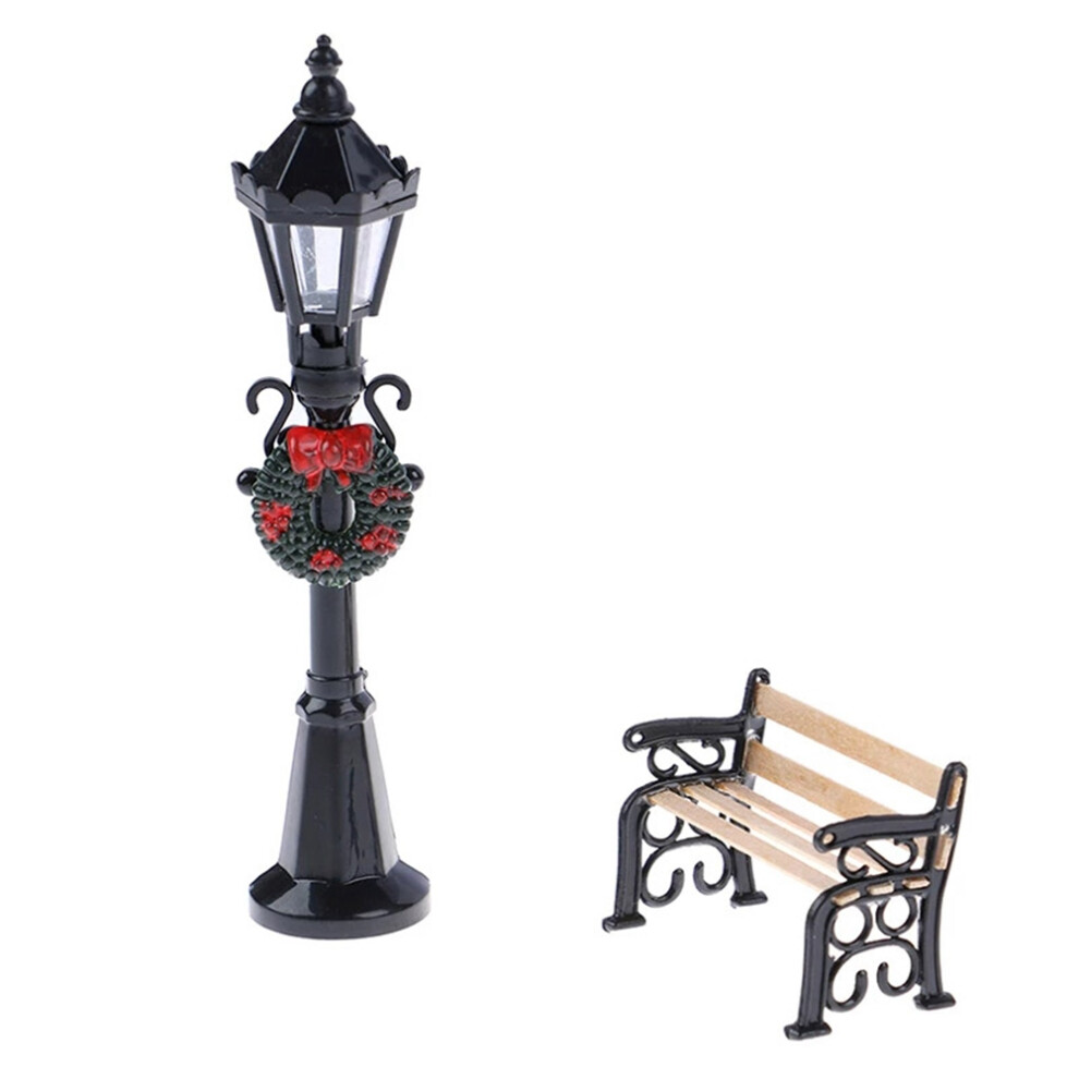 Lot de 2 lampadaires et bancs miniatures de Noël à l'échelle 1/12, décoration de jardin, jouet
