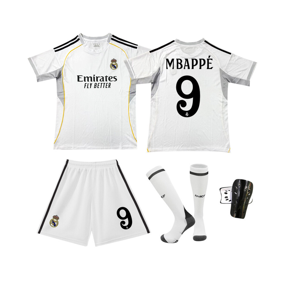 (UK(13-14Y)) 2025 Real Madrid home Mbappe football jersey with protective gear for children