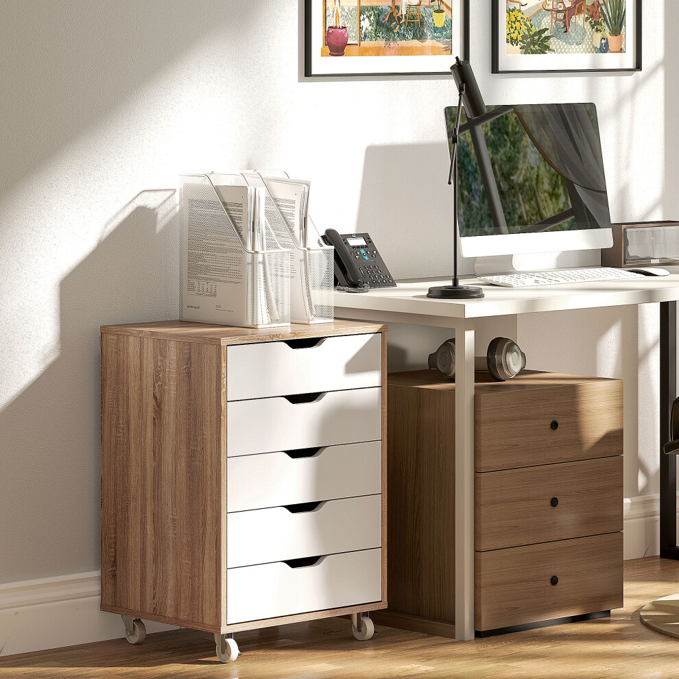 Vinsetto Mobile Filing Cabinet, 5-drawer File Cabinet with Wheels, Oak