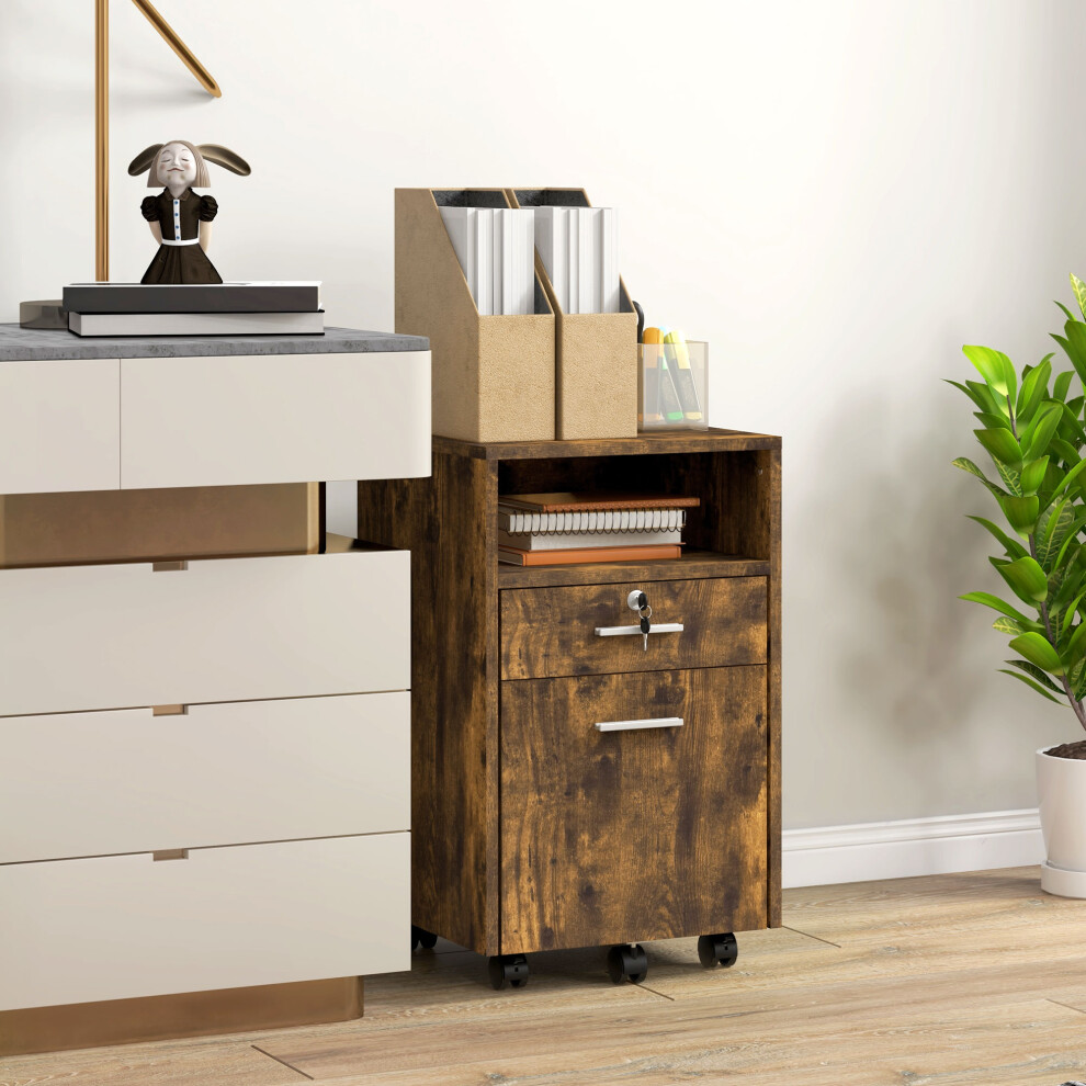 Vinsetto Mobile File Cabinet Lockable Documents Storage w/ 5 Wheels Rustic Brown