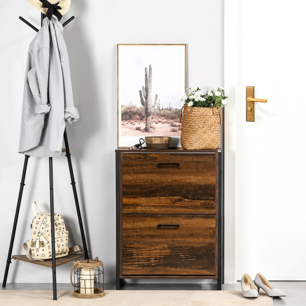 Homcom 2 Flip Door Shoe Cabinet With Divider For Entryway Rustic Brown