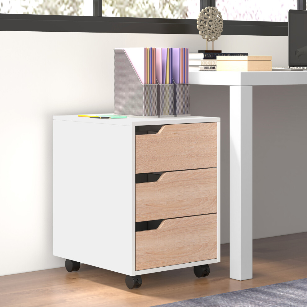 MDF Mobile File Cabinet w/ 3 Drawers Locking Wheels Metal Rails Oak Tone White