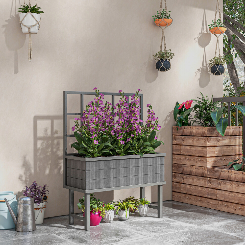 Outsunny Wood Raised Planter W/ Trellis Drain Holes Elevated Garden Bed Grey
