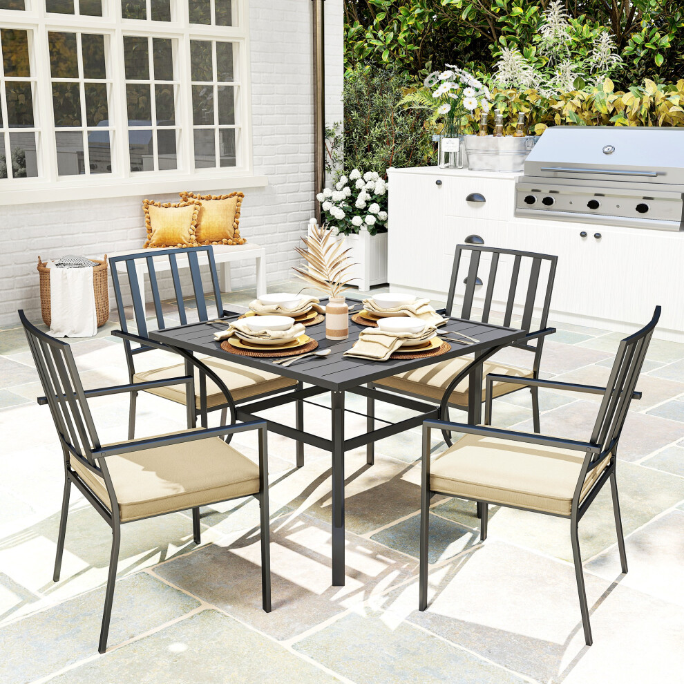 Outsunny Garden Dining Set w/ 4 Stackable Cushioned Chairs and Metal Top Table