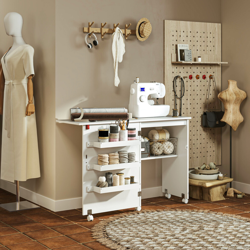 HOMCOM Folding Sewing Table Rolling Craft Table with Drop Leaf Wheels White