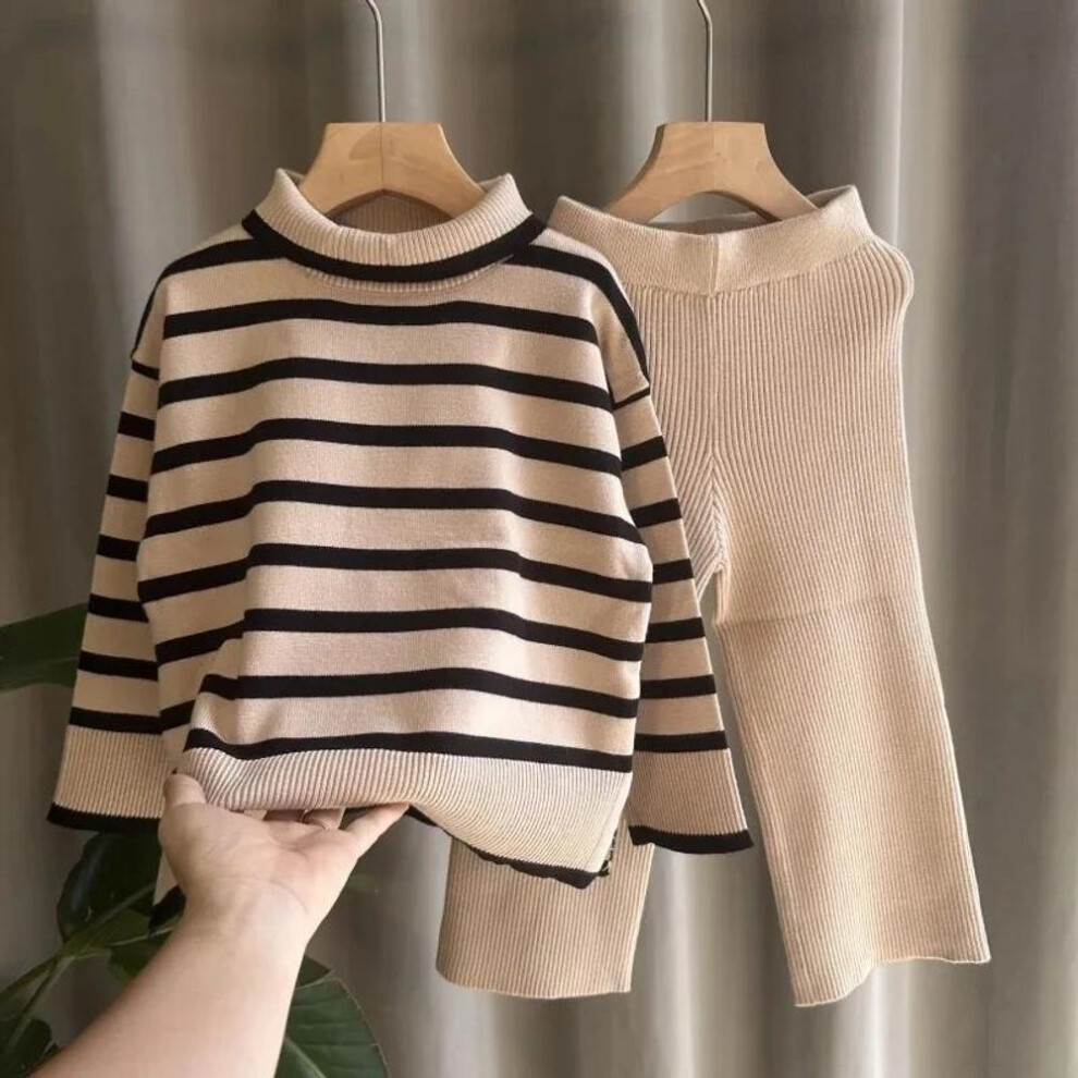 (beige, 110cm) Girls&apos; Set Autumn And Winter Baby High Neck Sweater Suit Girls&apos; Clothing Set Children&apos;s Pullover Sweater Pants Two Piece Set