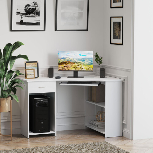 HOMCOM L-Shaped Corner Computer Desk with Keyboard Tray, 2 Shelves, White, Space-Saving 120W x 70D x 75H cm