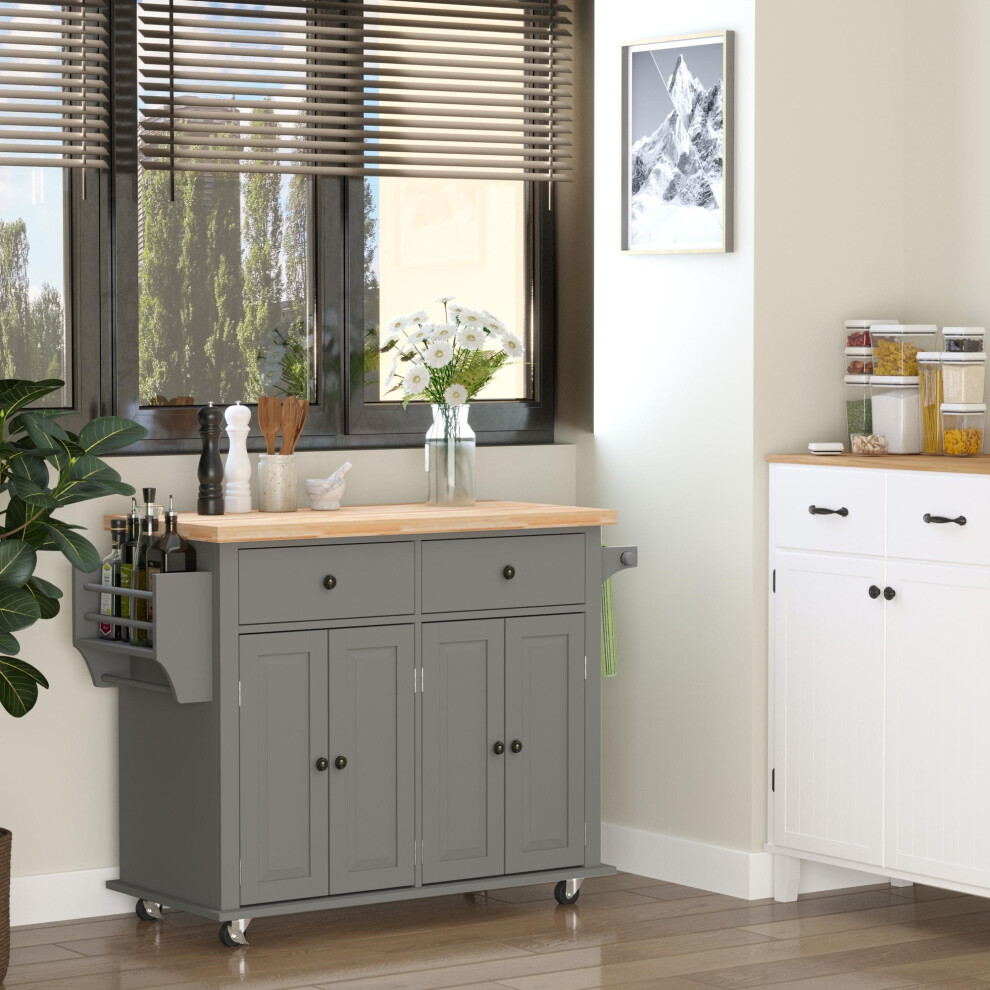 Homcom Rolling Kitchen Island Cart With Rubber Wood Top, Spices Grey