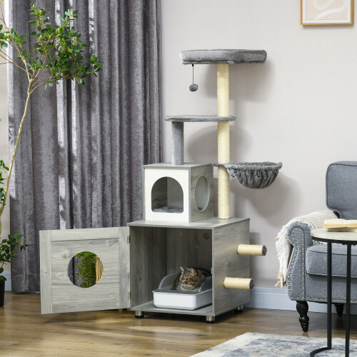 PawHut PawHut Cat Litter Box Enclosure, with Cat House, Bed, Scratching Posts, Platform