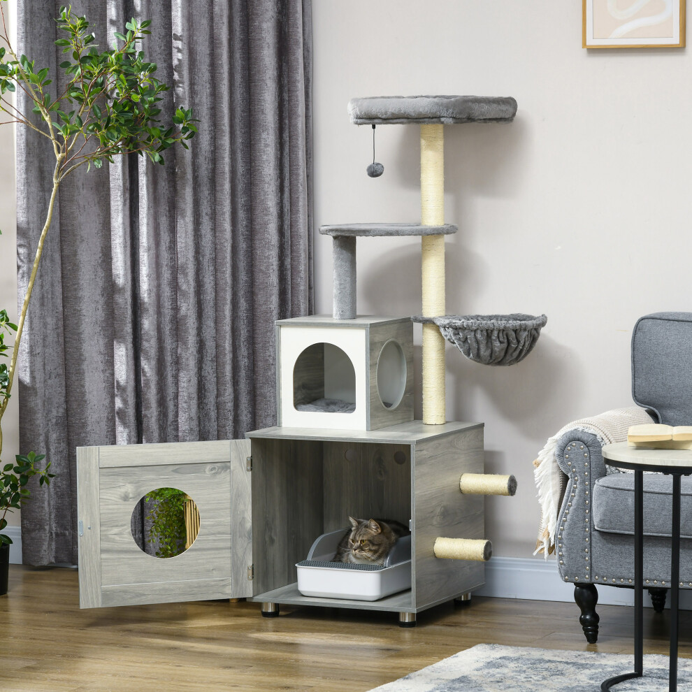 Pawhut Cat Litter Box Enclosure, With Cat House, Bed, Scratching Posts, Platform