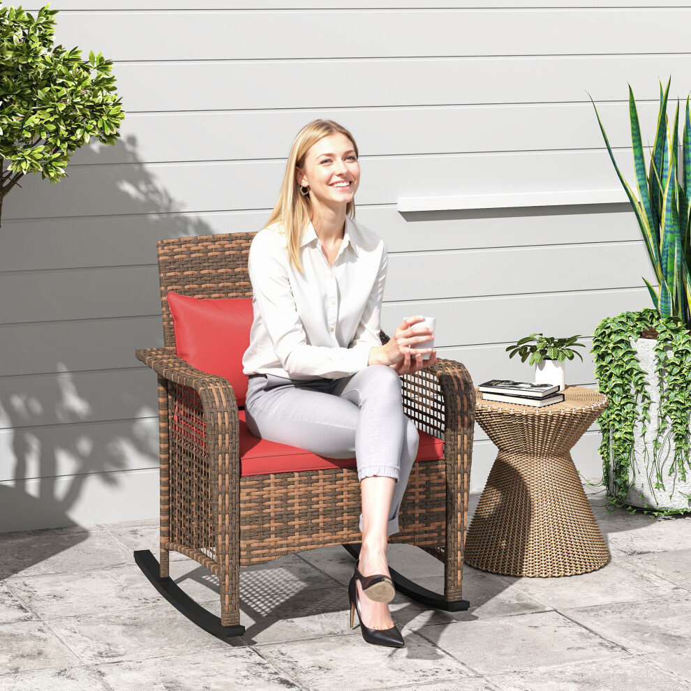 (Red) Outsunny Rattan Garden Rocking Chair w/ Seat and Back Cushions