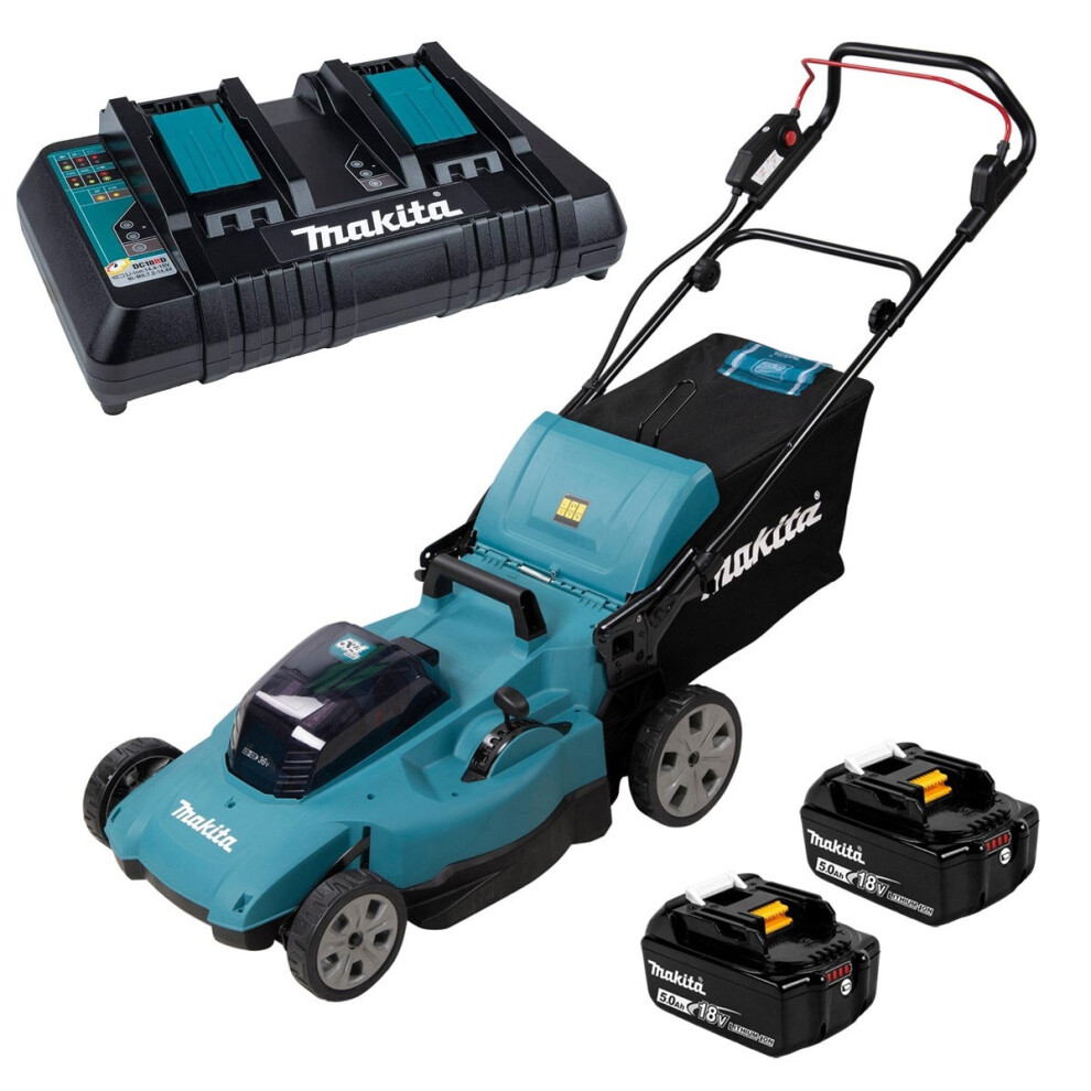 Makita DLM538PT2 Twin 18V / 36V 530mm Push Lawn Mower 2x 5.0Ah Battery Kit