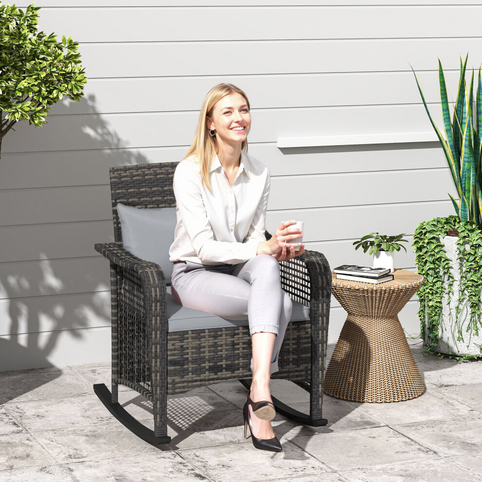 (Grey) Outsunny Rattan Garden Rocking Chair w/ Seat and Back Cushions