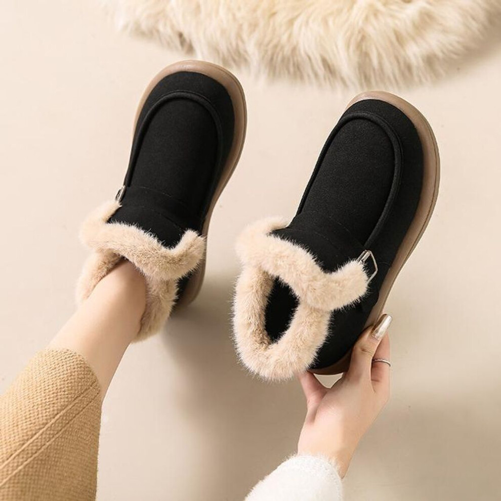 (black, 39) Women&apos;s Winter Plush Lined Snow Boots Outdoor Non-slip High-top Loafers Faux Suede Ankle Boots Warm Faux Fur Lined Casual Short Booties For Femal