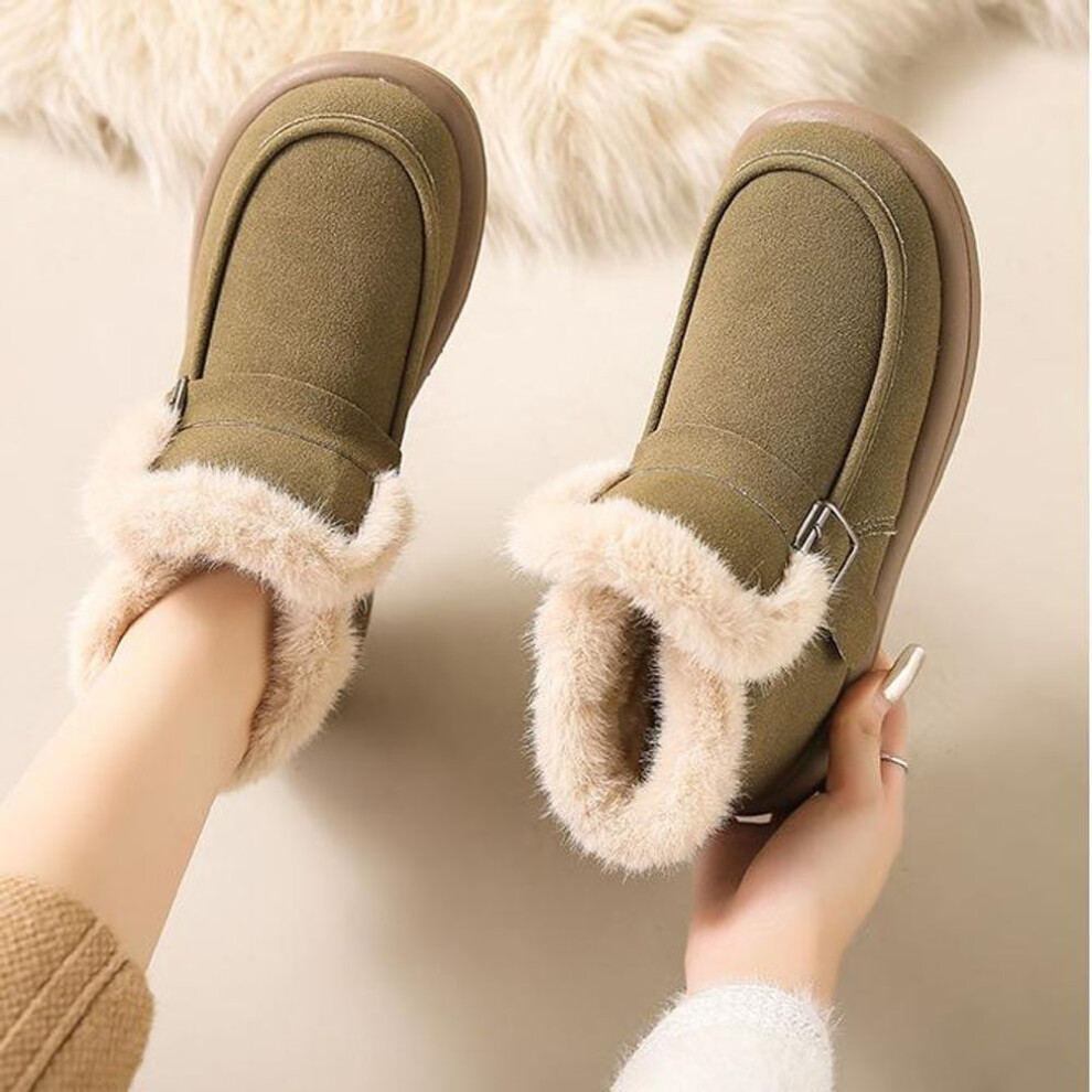 (as the picture, 35) Women&apos;s Winter Plush Lined Snow Boots Outdoor Non-slip High-top Loafers Faux Suede Ankle Boots Warm Faux Fur Lined Casual Short Booties For Femal