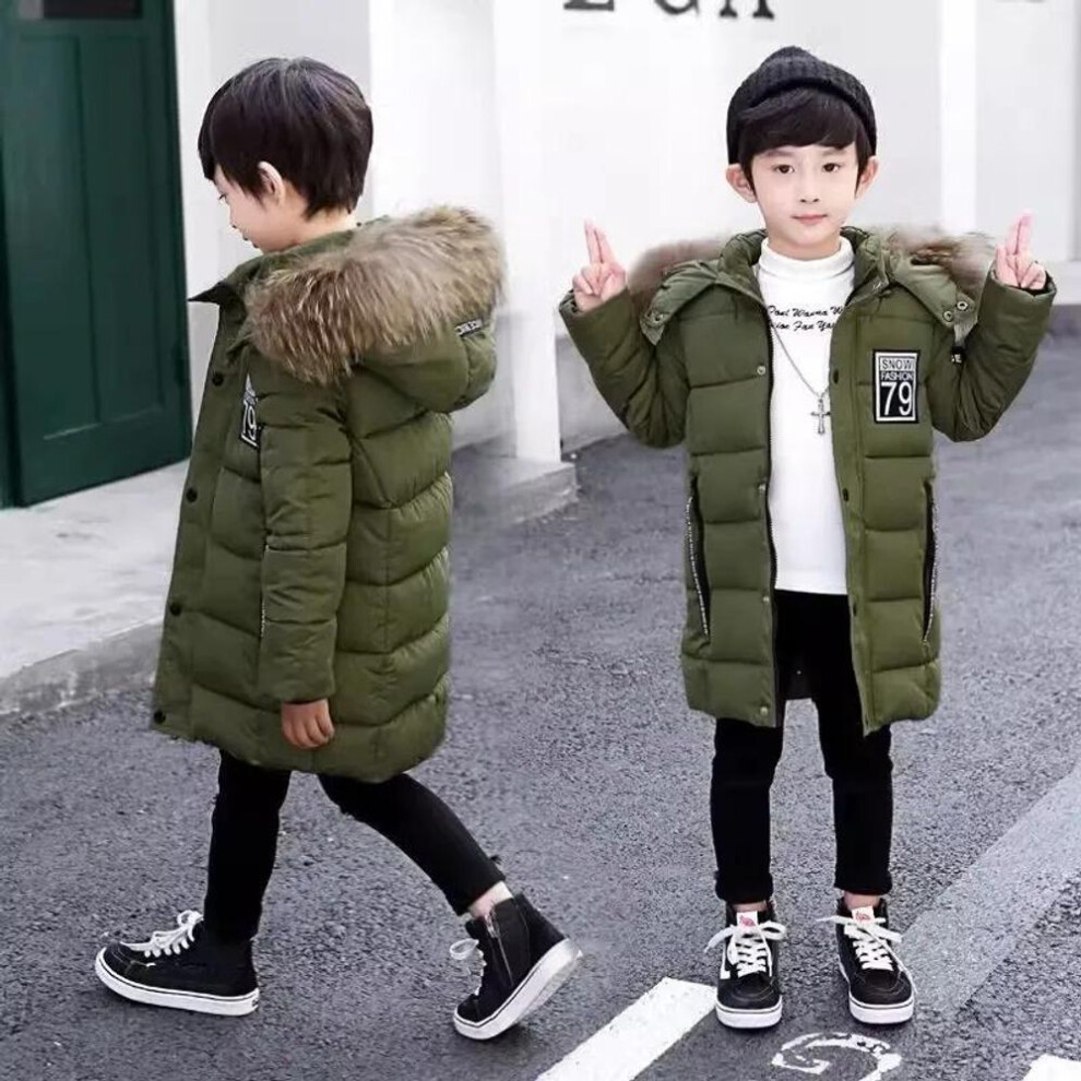 (dark green, 120) Children&apos;s Padded Jacket Plus Velvet Thickened Jacket Boys Winter Padded Jacket Mid-length Thickened Middle-aged Children&apos;s Padded Jacket