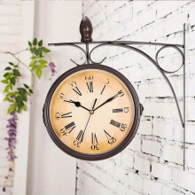 (Brown, Double Sided Clock/Outdoor) Large Wall Clock Double Sided Paddington Station Retro Hanging Bracket Outdoor Garden Roman Wall Clock, Brown Metal Case Garden Clocks