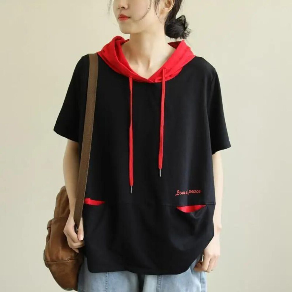 (black, XL) Summer Women&apos;s Fashion Casual Tops  Short Sleeve Shirts Ladies Solid Color Loose Tunic T-shirt Plus Size Cotton Blouses  Hooded Bottoming Shirt W