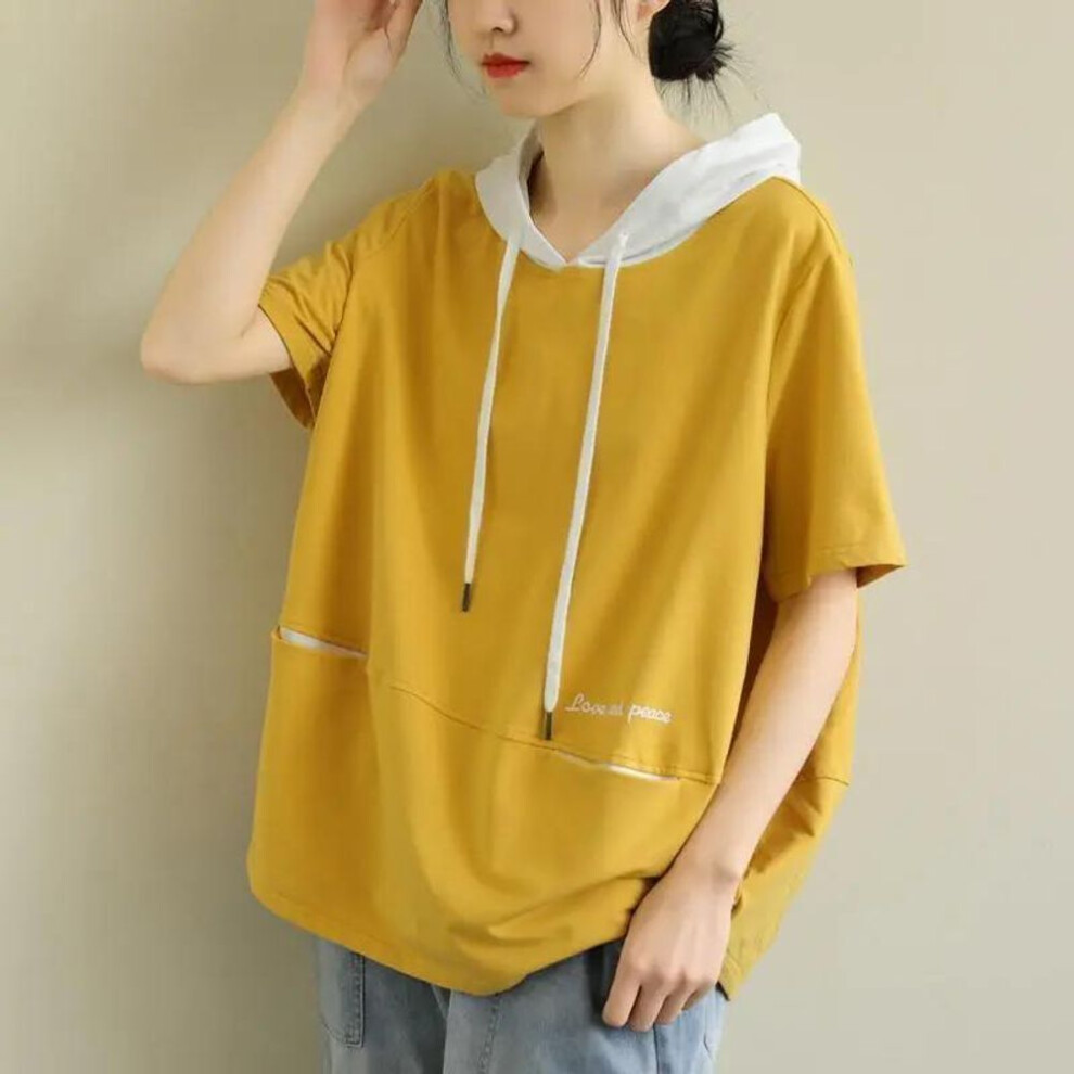 (yellow, XXXL) Summer Women&apos;s Fashion Casual Tops  Short Sleeve Shirts Ladies Solid Color Loose Tunic T-shirt Plus Size Cotton Blouses  Hooded Bottoming Shirt W