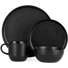 BO867005BLK Luna 16 Piece Dinnerware Set, Stoneware, Matte Black with Gloss Speckle