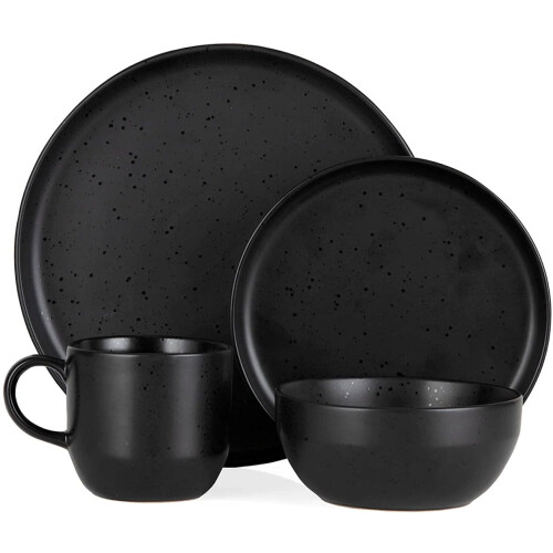 BO867005BLK Luna 16 Piece Dinnerware Set, Stoneware, Matte Black with Gloss Speckle