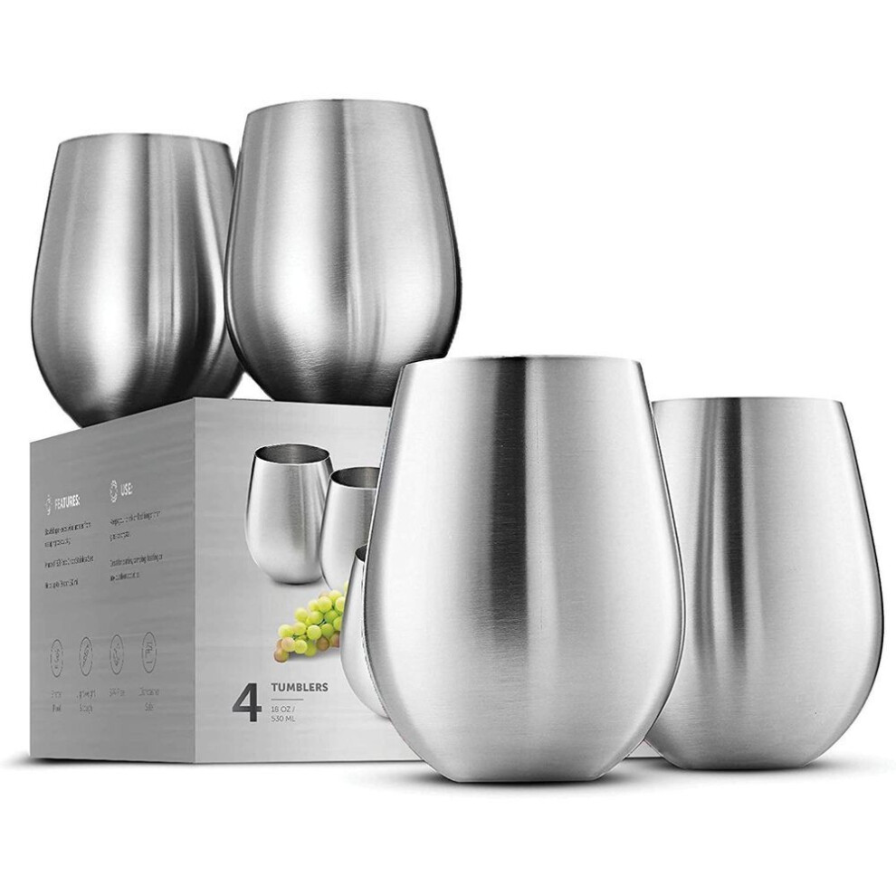 Stainless Steel Unbreakable Wine Glasses - 18 Ounce Set Of 4 Wineglasses. Premium-grade 18/8 Stainless Steel Red & White Stemless Wineglasses Set
