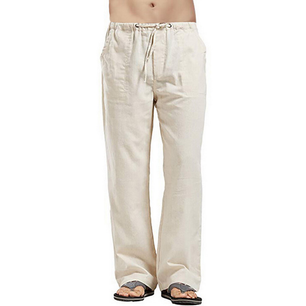 (Beige, S) Mens Durable Linen Trousers Long Pants Straightleg Belted Drawstring Midwaist