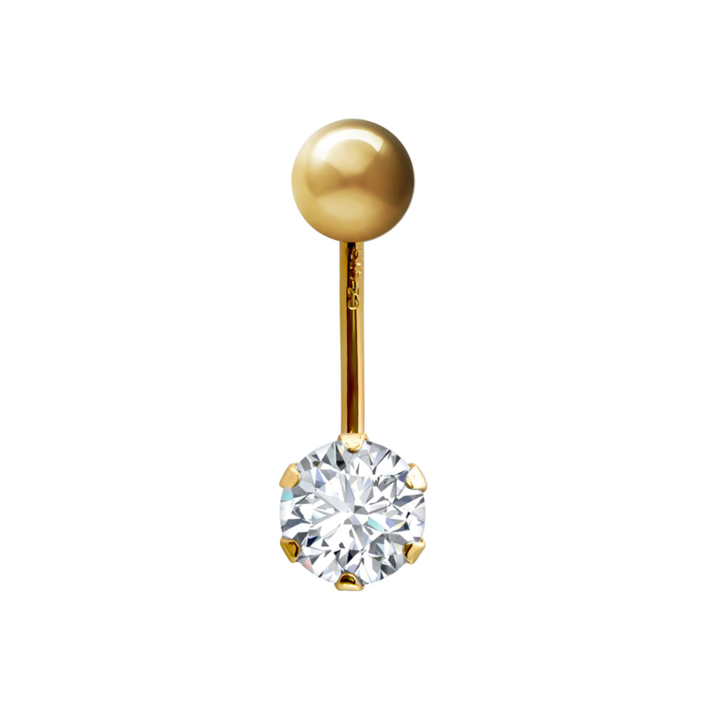 Jewelco London Ladies 9ct Yellow Gold 6mm Cubic Zirconia Solitaire Banana Belly Bar Body Piercing 10mm - JBJ100-ABC