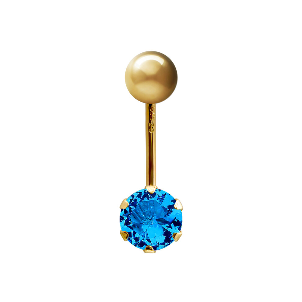 (9ct Yellow Gold, Swiss Blue) Jewelco London Ladies 9ct Yellow Gold 6mm Cubic Zirconia Solitaire Banana Belly Bar Body Piercing 10mm - JBJ100-101-image-OPC-PGGSYDQ-NEW
