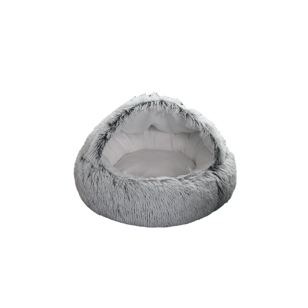 (, 60Cm/23.62In) Pet Cat Warm Cave Bed Hooded Donut Cozy Soft Plush Puppy Mat Nest Warming Self Grey